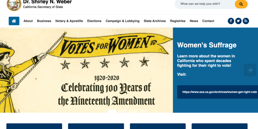screen shot of the California secretary of state website