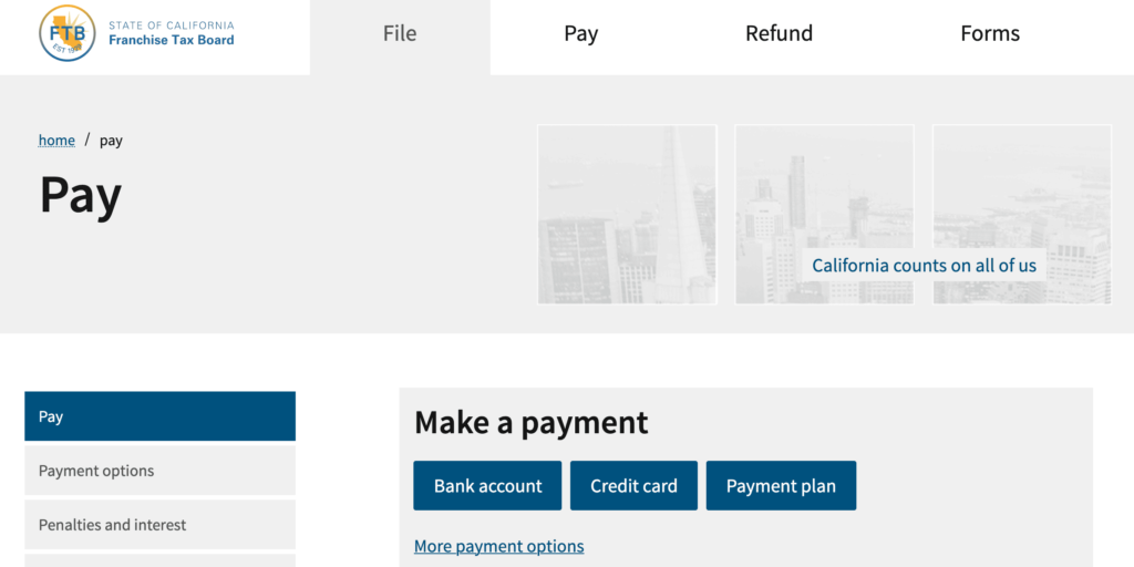 screenshot of the California webpay for individuals website