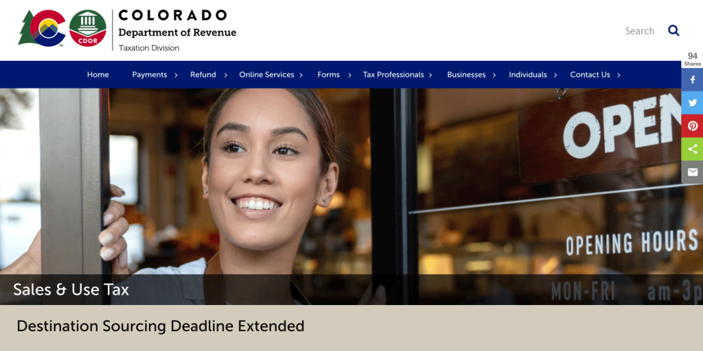 screenshot of the Colorado sales tax information website