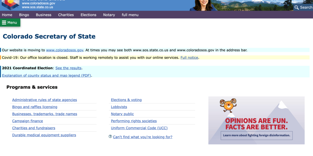 screenshot of the Colorado secretary of state website