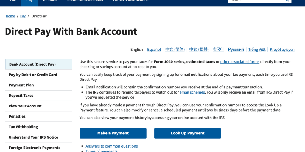 IRS Direct Pay Screenshot