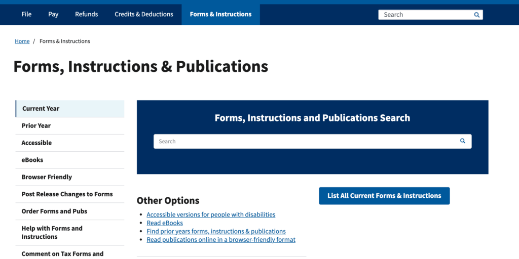 IRS Forms, Instructions & Publications screenshot